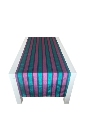 Colorful, striped table runner. Made with silk and cotton. Size: 17” x 52