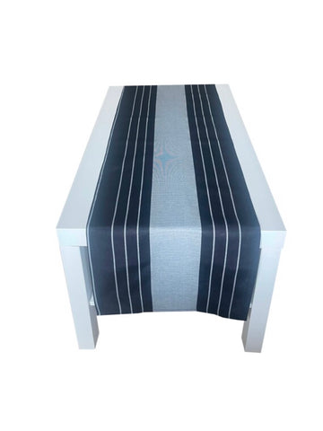 Black and Silver striped table runner. 16”x 70”