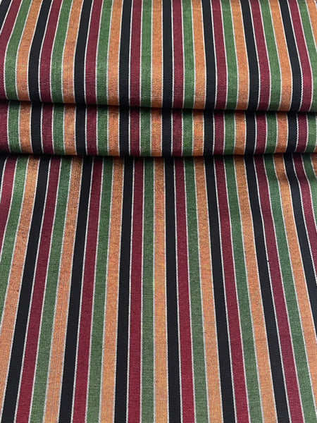 Orange & Green & Bordeaux & Black Multicolor striped woven fabric by the yard. 20" wide.