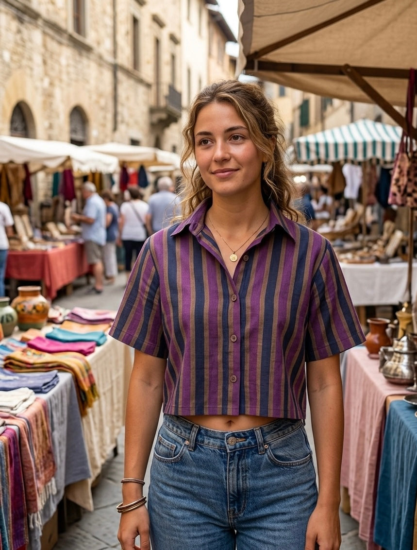 The Vetra Collection — Plum & Navy Striped Kutnu Crop Shirt