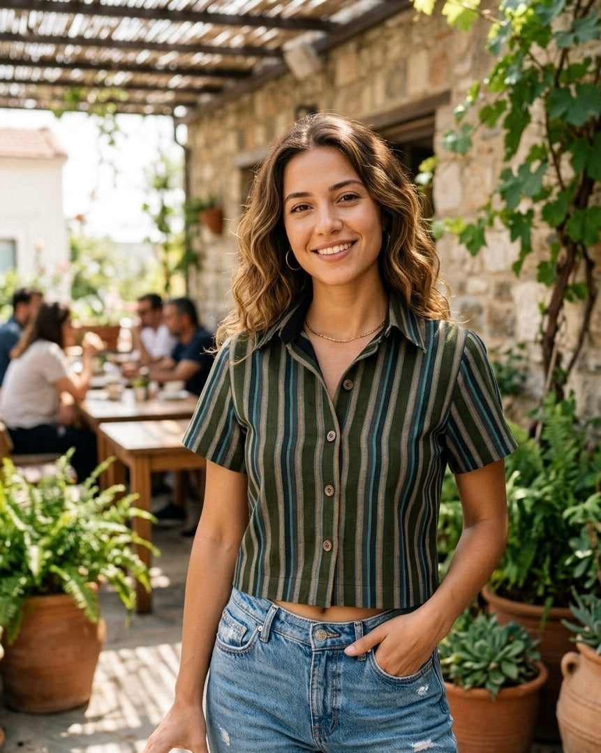 The Vetra Collection —Forest Green Striped Kutnu Crop Shirt