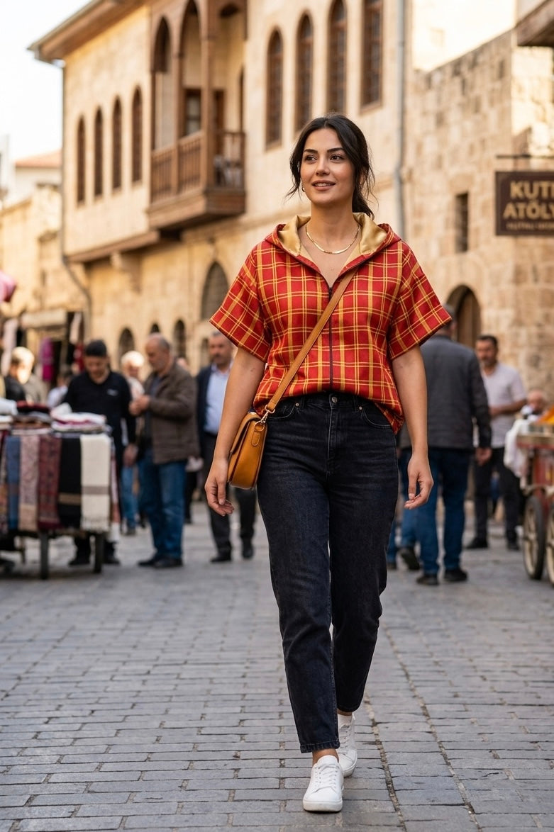 Red-Yellow Checked Sateen Kutnu Women's Hoodie. The Serava Collection.