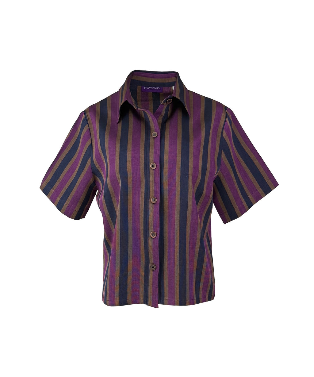 The Vetra Collection — Plum & Navy Striped Kutnu Crop Shirt