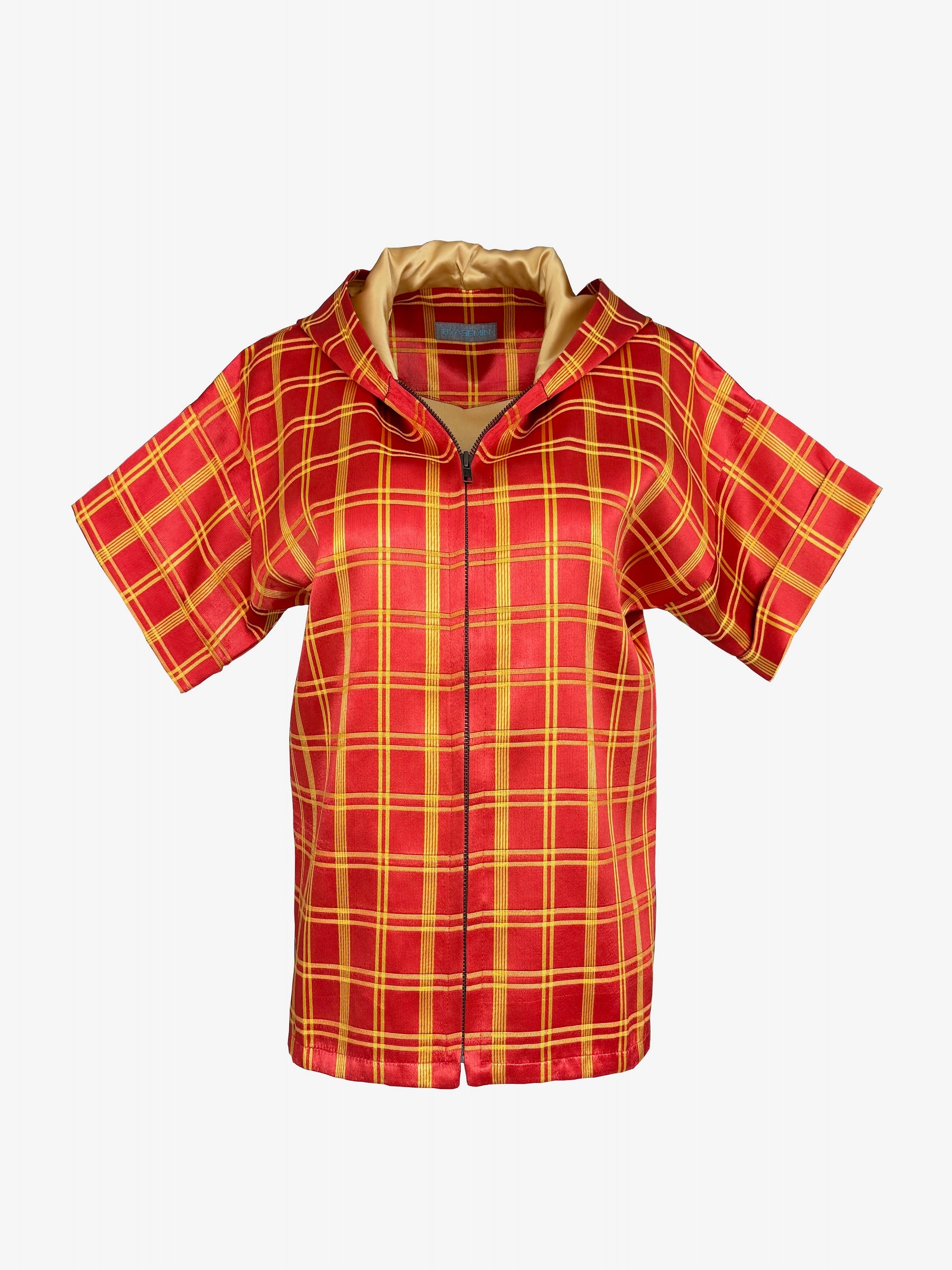 Red-Yellow Checked Sateen Kutnu Women's Hoodie. The Serava Collection.