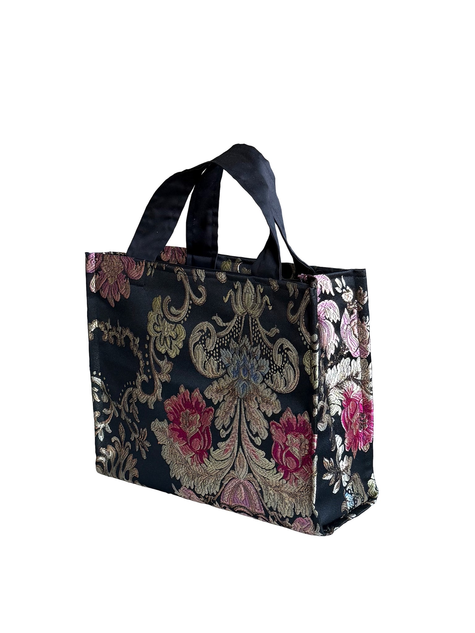 Metallic Floral Brocade Tote Bag with Black Cotton Lining