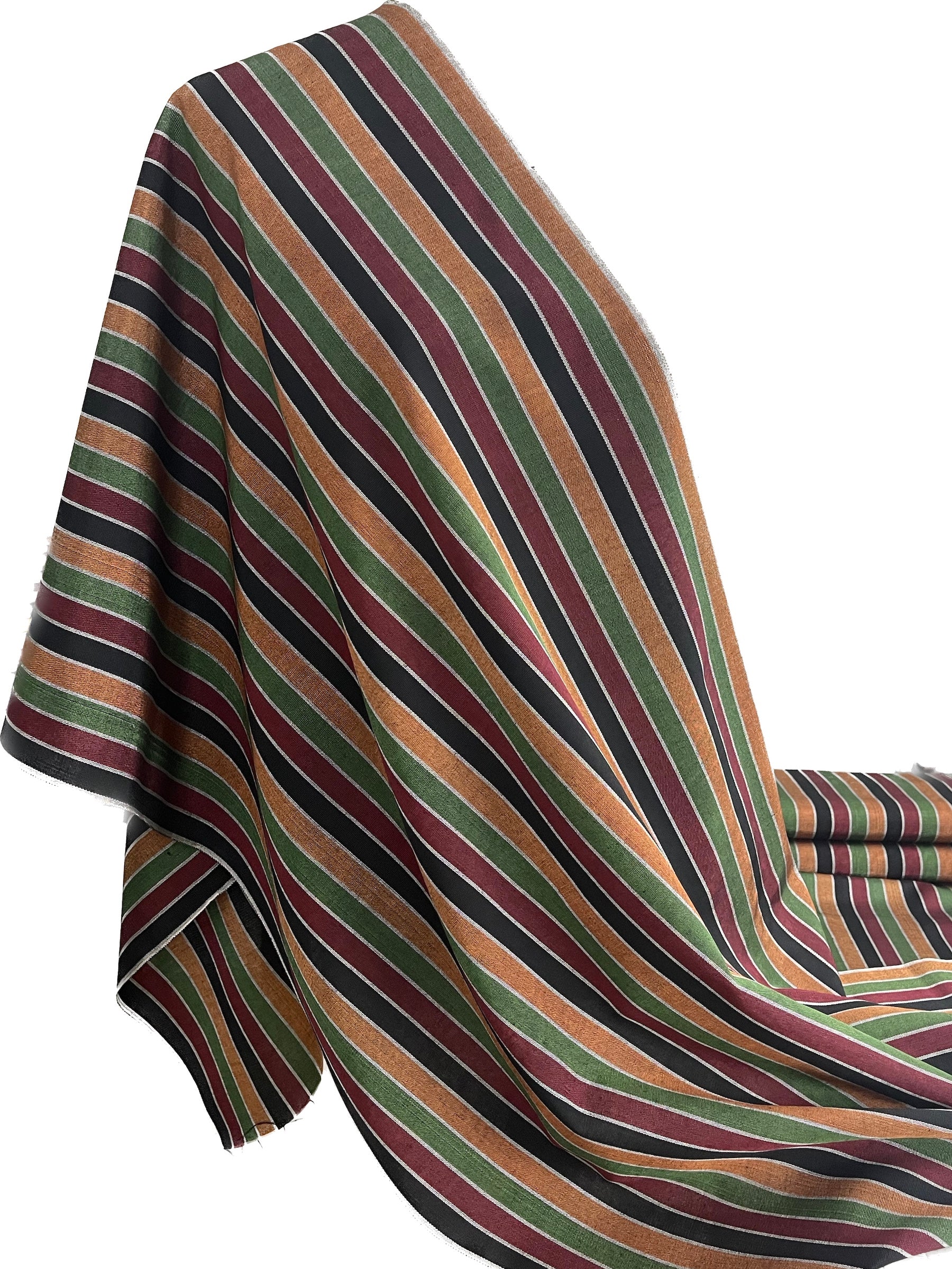 Orange & Green & Bordeaux & Black Multicolor striped woven fabric by the yard. 20" wide.