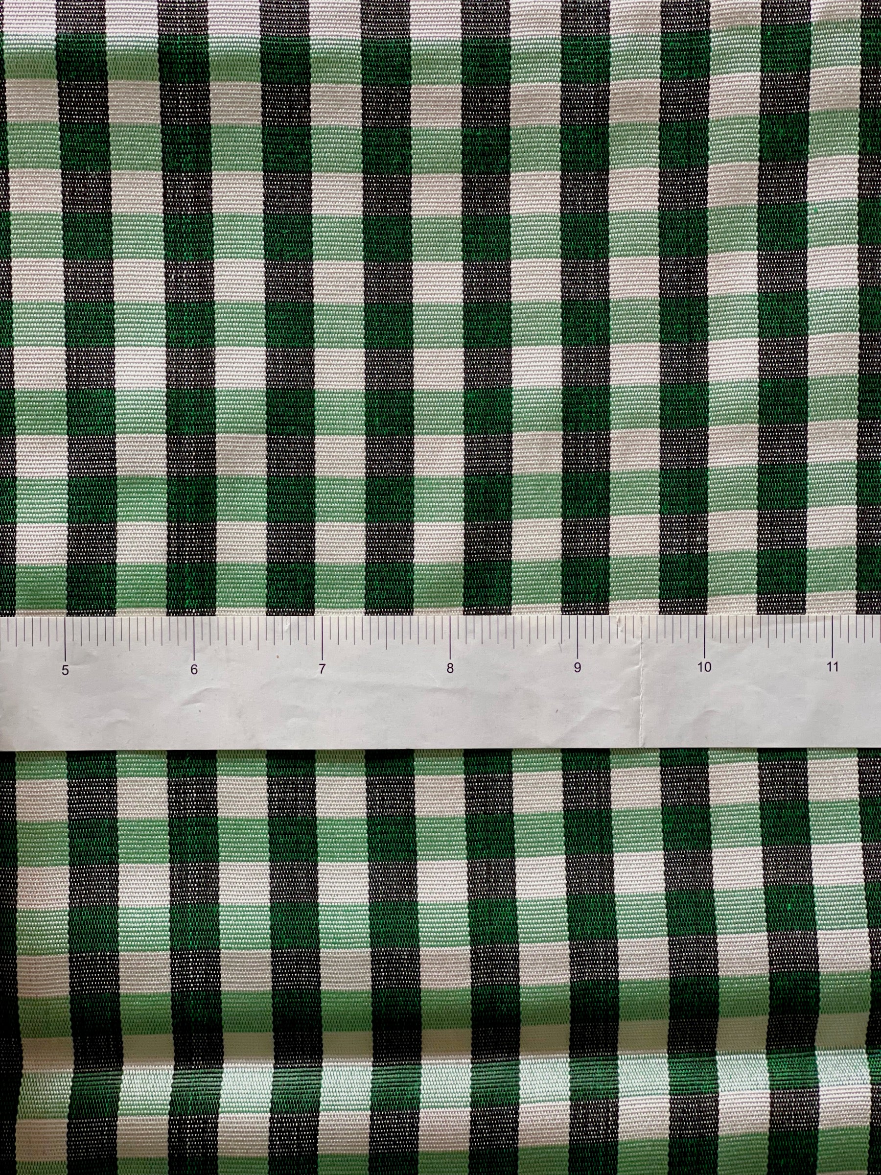 Green-white-black gingham/plaid kutnu fabric by the yard. 32" wide.